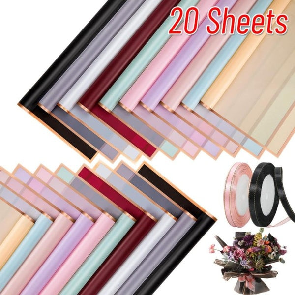 20 Sheets Golden Edge Flower Wrapping Paper, Pure Color Translucent Waterproof Bouquet Wrapping Paper Florist Paper for Bouquets Gift Wedding DIY Cra