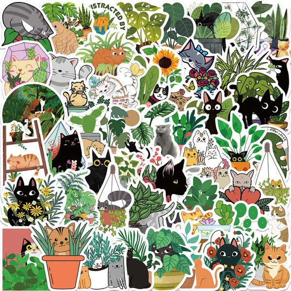 10-25-50pcs Cartoon Cat With Plant stickers Fun black cat graffiti Stickers for DIY Luggage Laptop Skateboard Bicycle Stickers