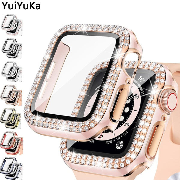 YuiYuKa Diamond case with tempered glass for Apple Watch series 8 7 41mm 45mm 6 SE 40mm 44mm 38mm 42mm for iWatch Accessories cover +Screen Protector
