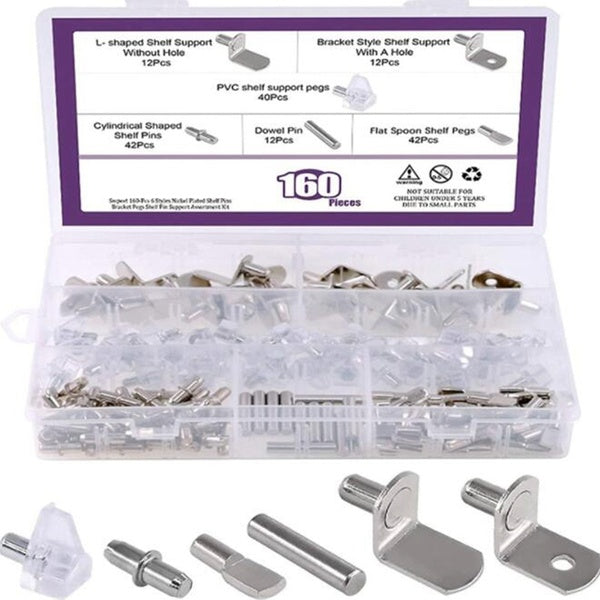 160pcs 6 Styles Shelf Support Pegs Kit,Nickel Plated Brass Shelf Bracket Pegs Cabinet Furniture Shelf Pins Support for Shelf Holes Home Improvement