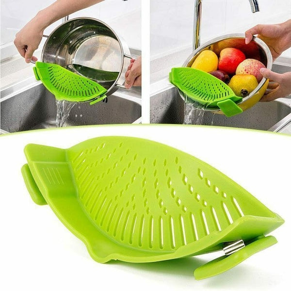 1Pc Clip On Strainer Silicone for All Pots and Pans, Pasta Strainer Clip on Food Strainer for Meat Vegetables Fruit Silicone Kitchen Colander
