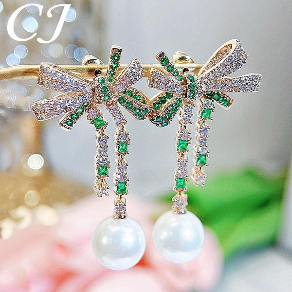 CANDICE Exquis serti pavé blanc vert AAA Bling CZ cristal de zircone avec perles goutte longues boucles d'oreilles pendantes belle femme couleur or j