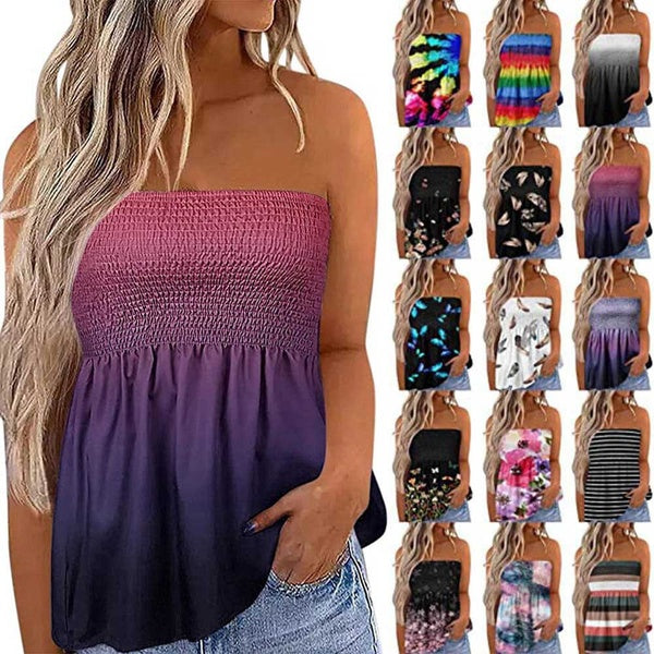 Womens Holiday Strapless Pleated Tube Top Shirt Halter Twisted Tank Top Blouse Bandeau Tank Women Elastic Tank Top Casual Sleeveless Striped Gradient