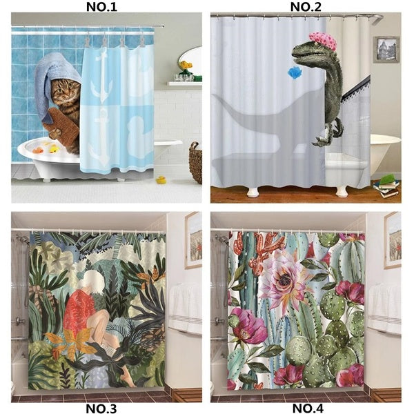 Cute Dinosaur Funny Shower Bathroom Curtain Waterproof Cat Green Leaves Fabric Pastel Toilet Door Curtains Modern Cortina De ducha
