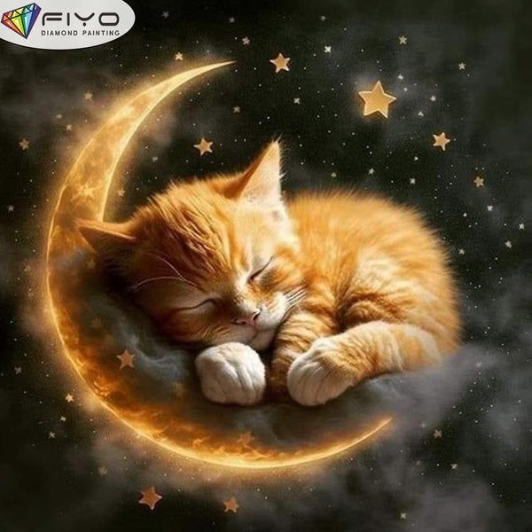 FIYO DIY 5D Moon Cat Diamond Painting Full Drill with Number Kits Home and Kitchen Fashion Mosaic Diamond Painting Canvas Wall Decoration Gift Crafts