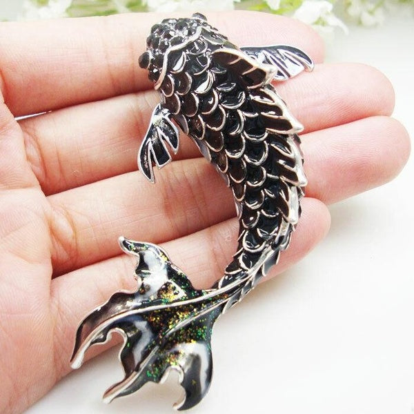 Broche Art Nouveau Poisson Noir Animal Broche Strass Cristal Femme Ton Argenté