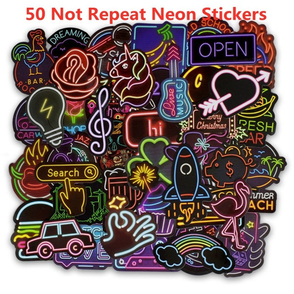 (25-50PCS-Set) Waterproof Stickers Neon Light Decals for Bar Club Pub Party Decoration DIY Laptop Guitar Luggage Phone Fridge Skateboard Bicycle Moto