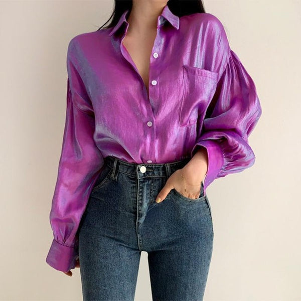 Women's Solid Satin Tops Ladies Collar Blouses Lapel Dolman Sleeves Button Shirt