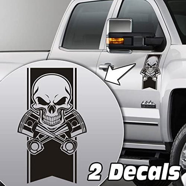 Truck Door Decals - Skull and Pistons Stripes Universal Fit - Matte Black Sticker - (Pair - Left and Right)
