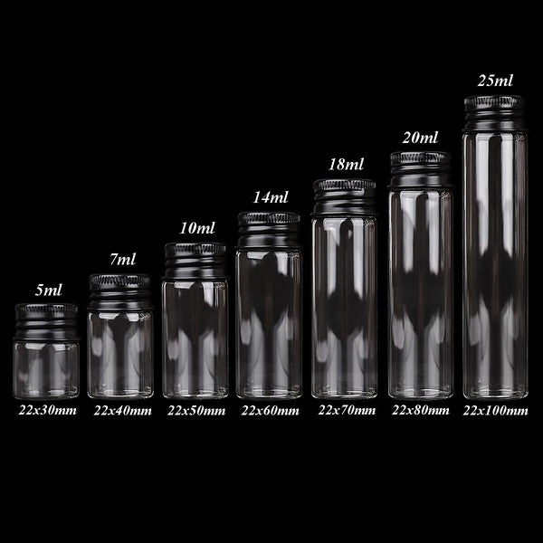 10 Pieces 5ml-7ml-10ml-14ml-18ml-20ml-25ml Glass Bottles with Black Aluminum Caps Spice Bottles Glass Jars Vials for Craft DIY Wedding Gift