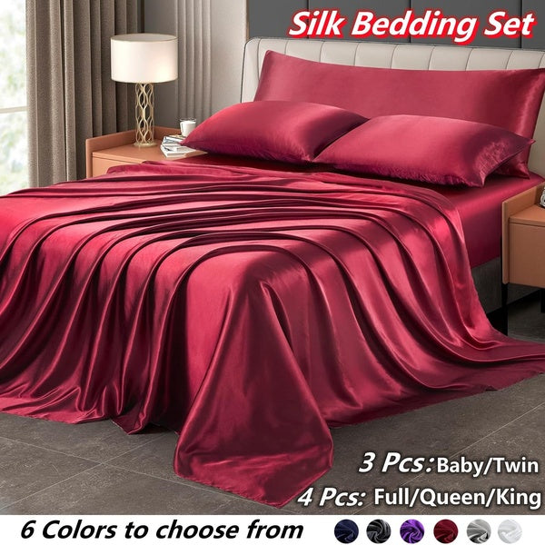 Luxury Silk Flat Sheet Pillowcase Set Soft Comforter Breathable Bedding Set Satin Silk Bed Sheets Set Home Decor Bedding Set 6 Colors Options Size Ba