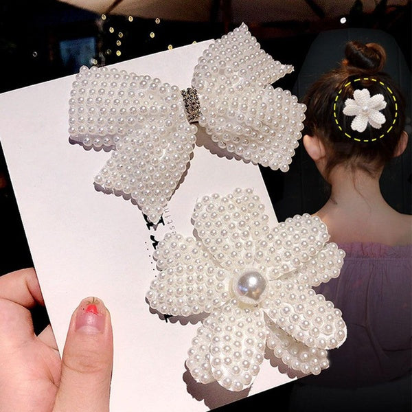 White Pearl Bows Hair Clips for Girls Bling Barrettes Rhinestone Hairpins Girls Kids Hair Accessories Matron Inn