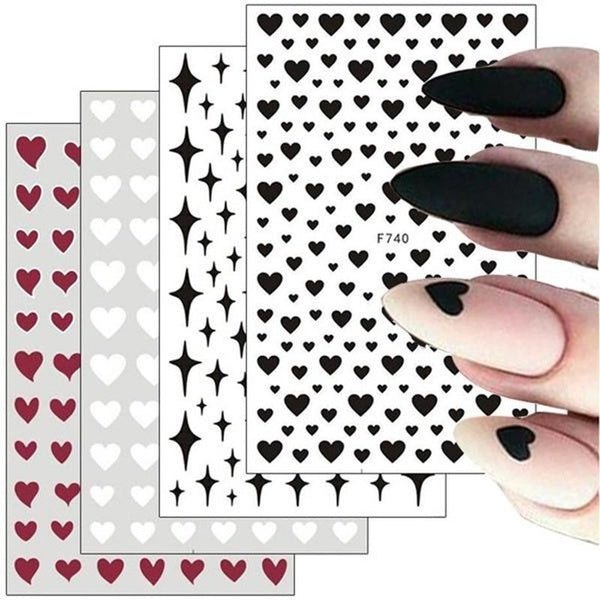3D Black Love Heart Nail Stickers Red White Heart Star Design Adhesive Slider Decals Nail Art Stickers Manicure Decorations