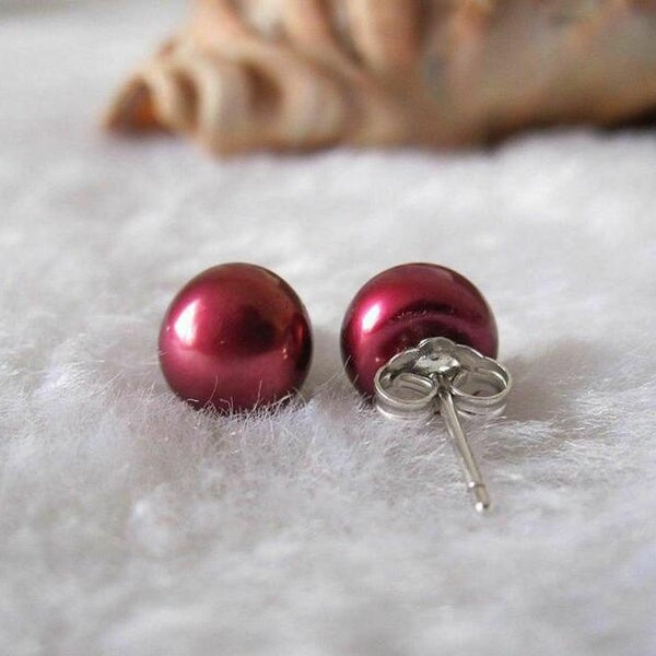 7-8mm Wine Red Akoya Freshwater Pearl 925 Silver Stud Earrings