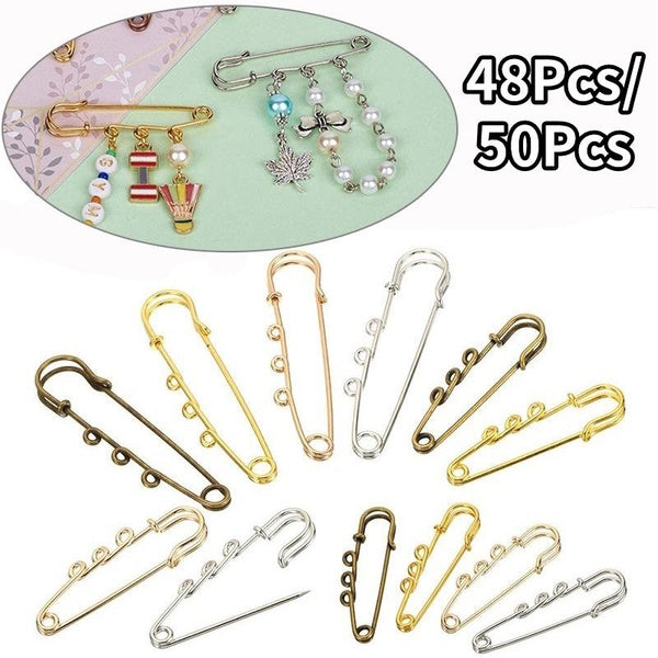 48-50Pcs Heavy Duty Safety Pins Metal Brooch Pin Kilt Pins Fasteners with 3 Loops for DIY Crafts Jewelry Making Arts Sewing Clothes Blankets Skirts K