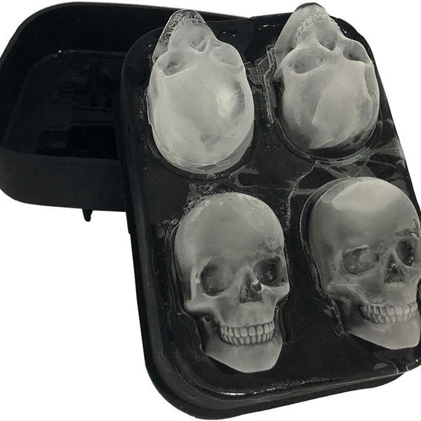 3D Skull Ice Molds, Ice Cube Trays, Make 4 Cool Skull Shape Ice, Silicone Rubber Fun Ice Maker for Cocktails Juice Whiskey Bourbon Freezer, Dishwashe
