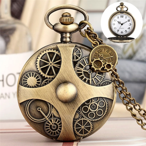 Old Fashion Punk Gear Wheel Design Case Hommes Femmes Quartz Analogique Montre De Poche Pendentif Boussole avec Collier Chaîne