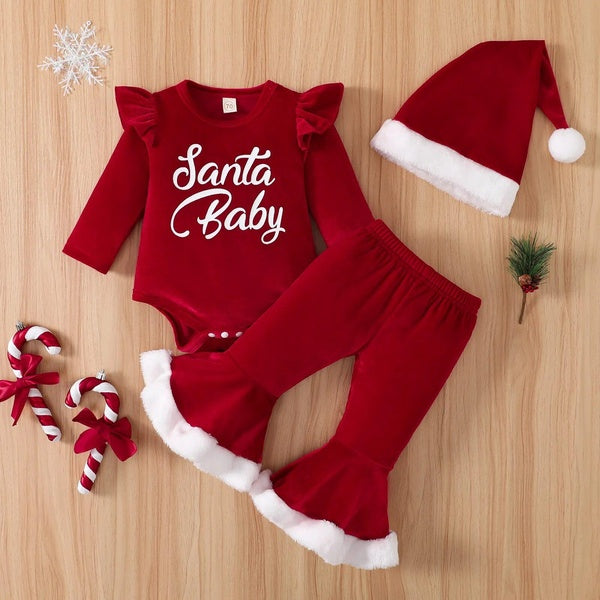 New Style 0-18M Christmas Newborn Infant Baby Girl Clothes Set Santa Romper Flare Pants Hat Velvet Xmas Outfits Clothing