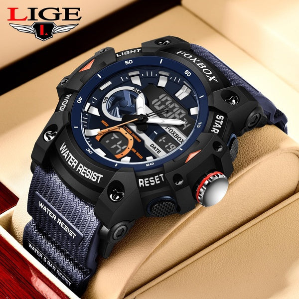 LIGE - montre-bracelet analogique militaire pour hommes, double affichage, mode, étanche 50M, électronique, à Quartz