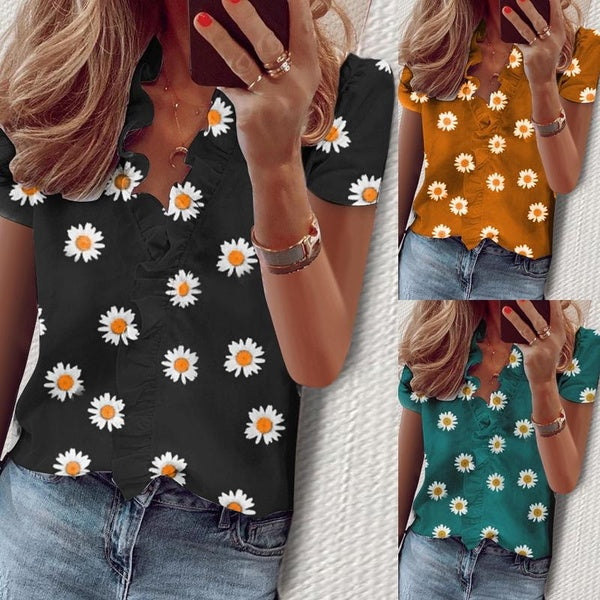 Women's Little Daisy Print Blouses Summer Casual Short Sleeve V-neck T-shirts Fashion Ruffles Blouses Tops