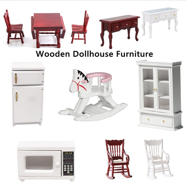 1:12 Scale Dollhouse Mini Wooden Furniture Dining Table & Chairs Refrigerator Microwave Oven Wooden Horse Doll House Miniatures Scene Kids Toy