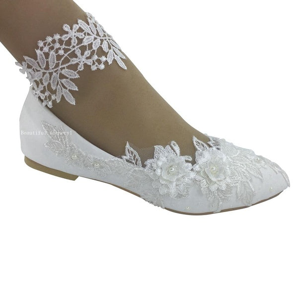 Belles femmes dentelle blanche Rose ruban chaussures de mariage mariée demoiselle d'honneur chaussures plates