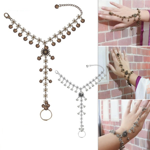 Charming Lady Jewelry Small Bells Dancing Hand Link Finger Chain Bracelet Ring