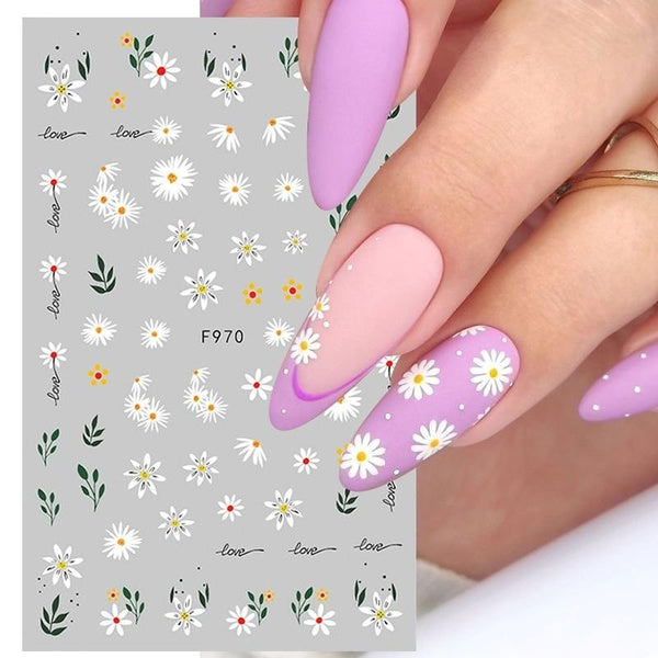 White Daisy 3D Nail Stickers Colorful Simple White Flowers Adhesive Slider Ink Painting Floral Daisy Decals Nail Accessories