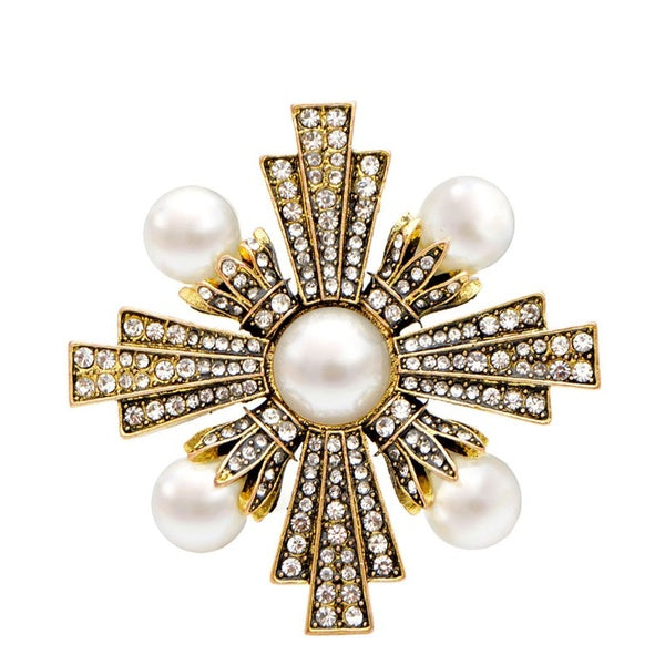 Vintage Gold Color Rhinestone and Pearl Cross Brooches for Women Baroque Style Brooch Pin Coat Accessories Elegant Matron Inn