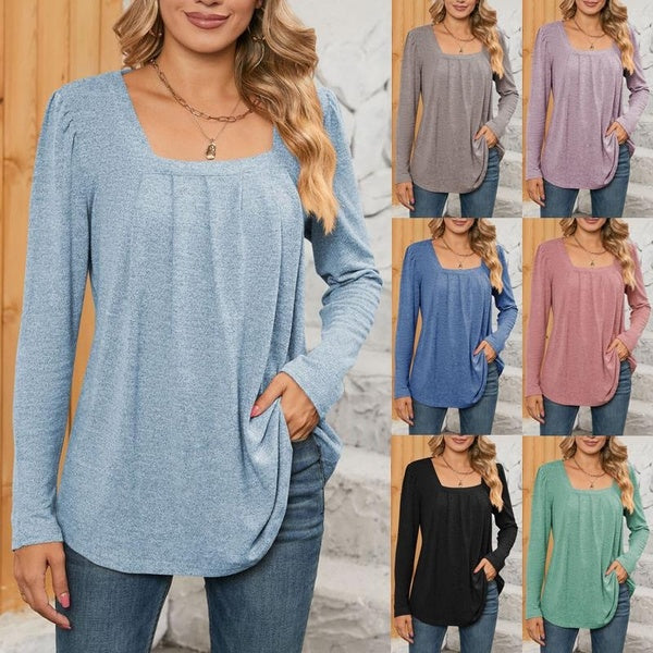 Women's Fashion Square Neck Long Sleeve Blouses Ladies Casual Loose Long-sleeved T-shirts Pleated Solid Shirts Plus Size