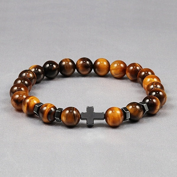 Hommes chauds perles d'oeil de tigre naturel hématite croix Bracelets Onyx méditation prière perle Bracelet femmes pierre Yoga bijoux Homme