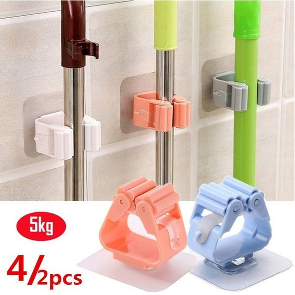 4-2PCS Mop Holder Wall Mounted Bathroom Broom Clip Brush Hanger Storage Rack for Kitchen Bathroom