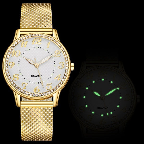 Montre lumineuse en diamant pour femme, bracelet en maille, montre pour femme, montre à quartz, montres pour femme.