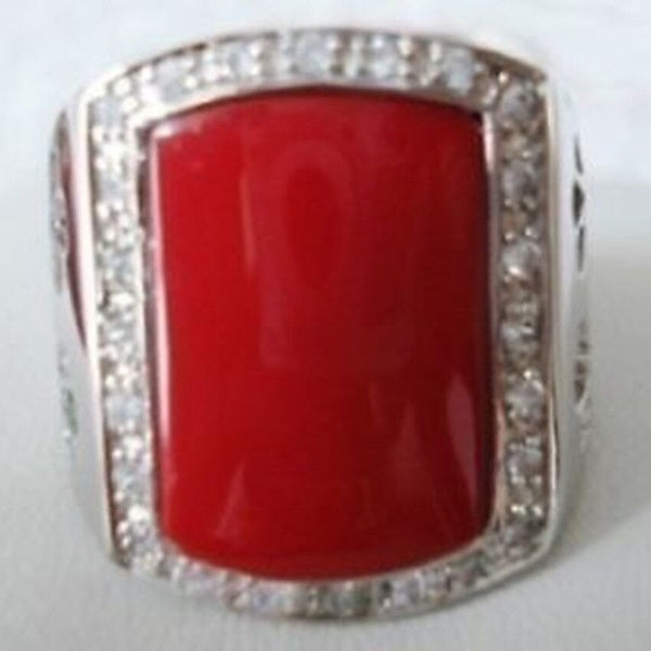 Exquisite red coral silver men's ring
