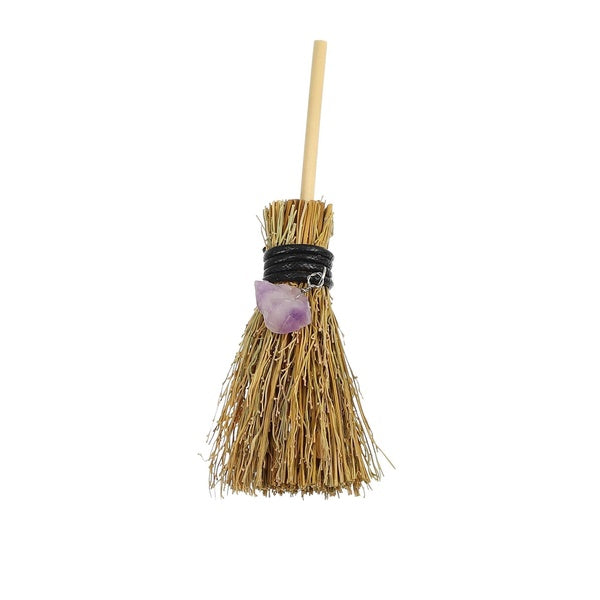 Amethyst Crystal Witch Wiccan Altar Broom -Mini Wicca Healing Crystal Raw Stone Pendant Broom Car Trim Home Halloween Decor Divination Ornament