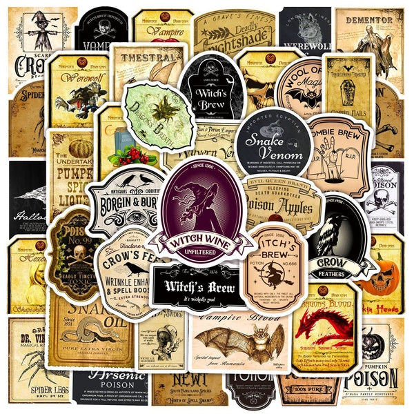 2 styles 10-50pcs Horror Retro Apothecary stickers Potion label sticker Pharmacist graffiti Stickers for DIY Luggage Laptop Skateboard Motorcycle Bic