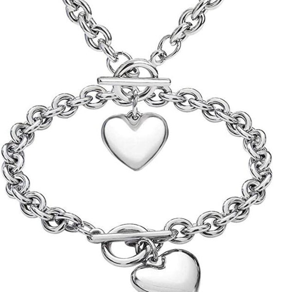 Silver Chunky Charm Stainless Steel Heart Chain Choker Bracelet and Necklace Set for Womens Girls Fashion Valentine Jewelry Set 8mm 18in+8 in