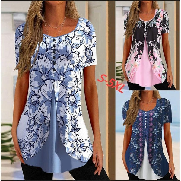 Pull à col en V ample Faux T-shirt imprimé à manches courtes en deux parties pour femme