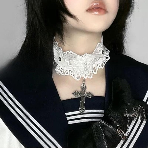 Women Gothic Punk Lace White Butterfly Cross Choker Necklace Halloween Costume Accessory