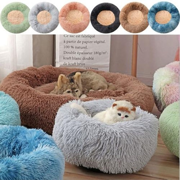 Dual Splicing Colors Deep Sleeping Cat Dog Beds for Indoor Pets 40-50-60cm Machine Washable Fluffy Round Cozy Pet Bed Non-Slip Calming Soft Plush Don