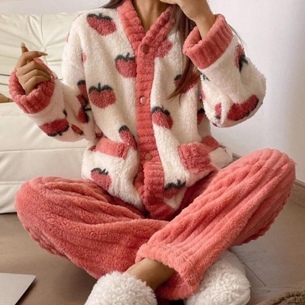 Autumn Winter Kawaii Cartoon Pajama Sets Women Pyjamas Warm Flannel Loung Sleepwear Girl Night Suits Homewear
