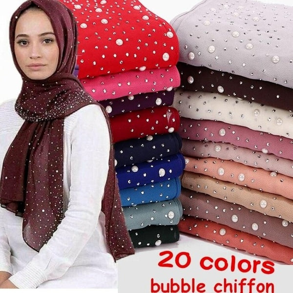 1 Pc New Women's Bubbles Chiffon Scarf with Studs Pearls Scarf Plain Hijab Shawls Wraps Solid Color Muslim Hijab Scarf