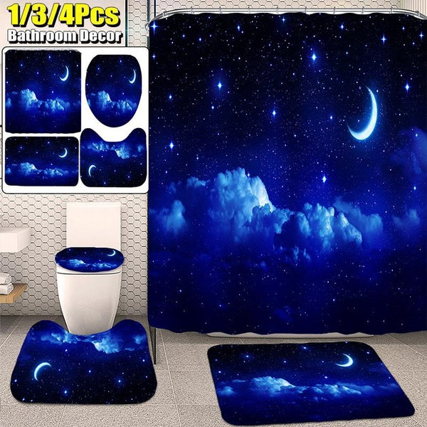 Stars and Moon Bathroom Waterproof Shower Curtain Non-slip Carpet Set Base Carpet Cover Toilet Cover Bathroom Decoration 1-3-4 Pcs