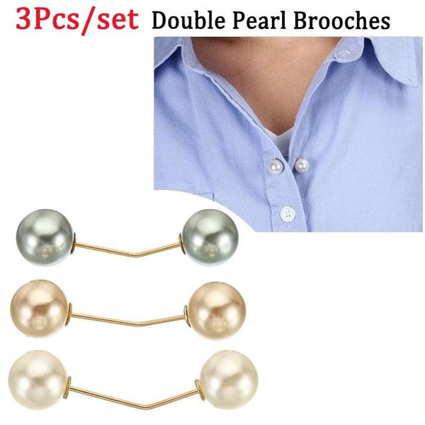 3PCS-set Women Fashion Tightening Waistband Pin Double Pearl Brooches Metal Lapel Pin Brooch Pins Sweater Shirt Cardigan Brooch Accessories Matron Inn