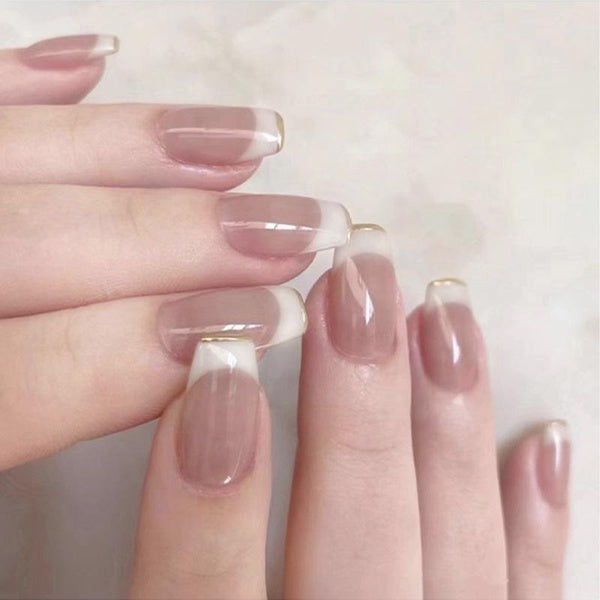 24Pcs White French Fake Nail Press on Nails False Nail Sparkling Gold Tinfoil Ballet Nail Full Cover Nail Tips Nail Art