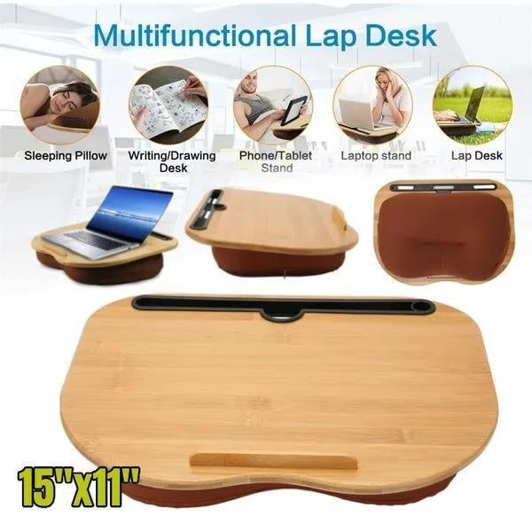 Laptop Desk Portable Laptop Table with Bamboo Platform Phone Holder Pillow Cushion Anti-Slip Stopper on Bed Sofa (15"x11")