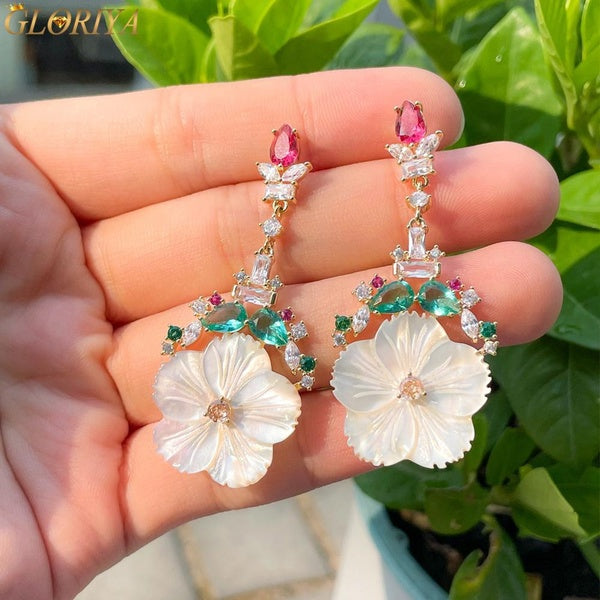 Gloriya Unique White Shell Big Flower Bijoux Rouge Vert CZ Zircone Cristal Pierre Plaqué Or Élégant Drop Long Femmes Girly Engagement Party Boucles D