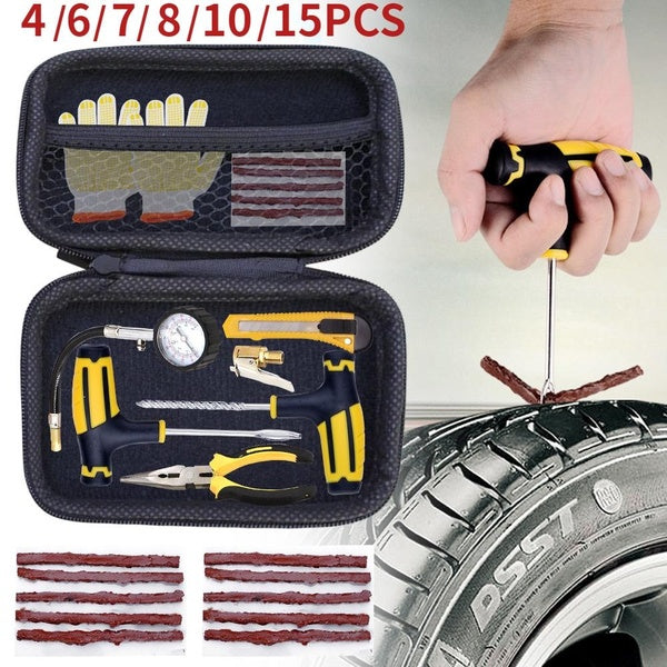 Car Tire Repair Tools Kit with Rubber Strips Tubeless Tyre Puncture Studding Plug Set for Truck Motorcycle Car Accessories（4-6-7-8-10-15PCS）