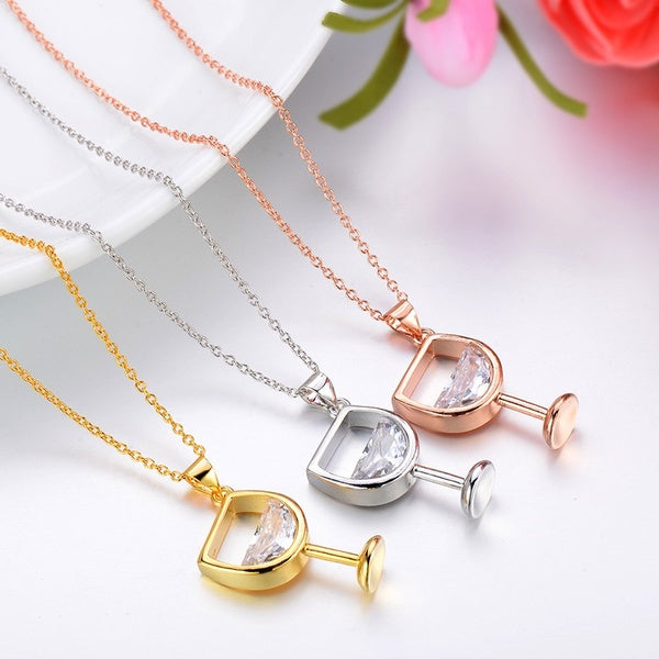 Fashion S925 Silver Sterling Zircon Wine Glass Pendant Necklace European and American Women's Jewelry Necklace Wedding Dinner Party Accessories