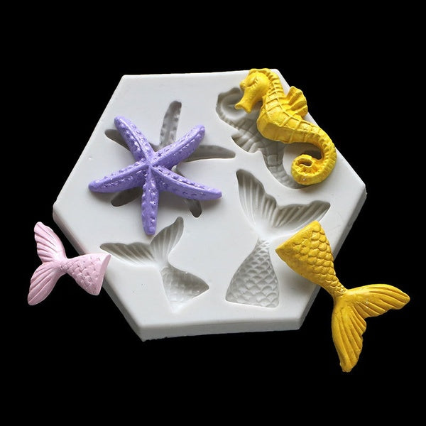 KUXSE Mermaid Tail Starfish Seahorse Silicone Mold Fondant Cake Decorating Tools Chocolate Gumpaste Mold Epoxy Resin Clay Molds Baking Tools